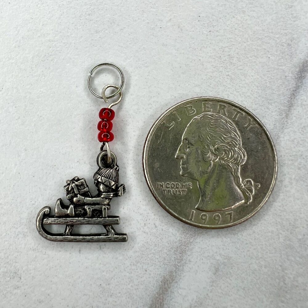 Silver Tone Red Beaded Sled Christmas Present Upcycled Pendant Charm